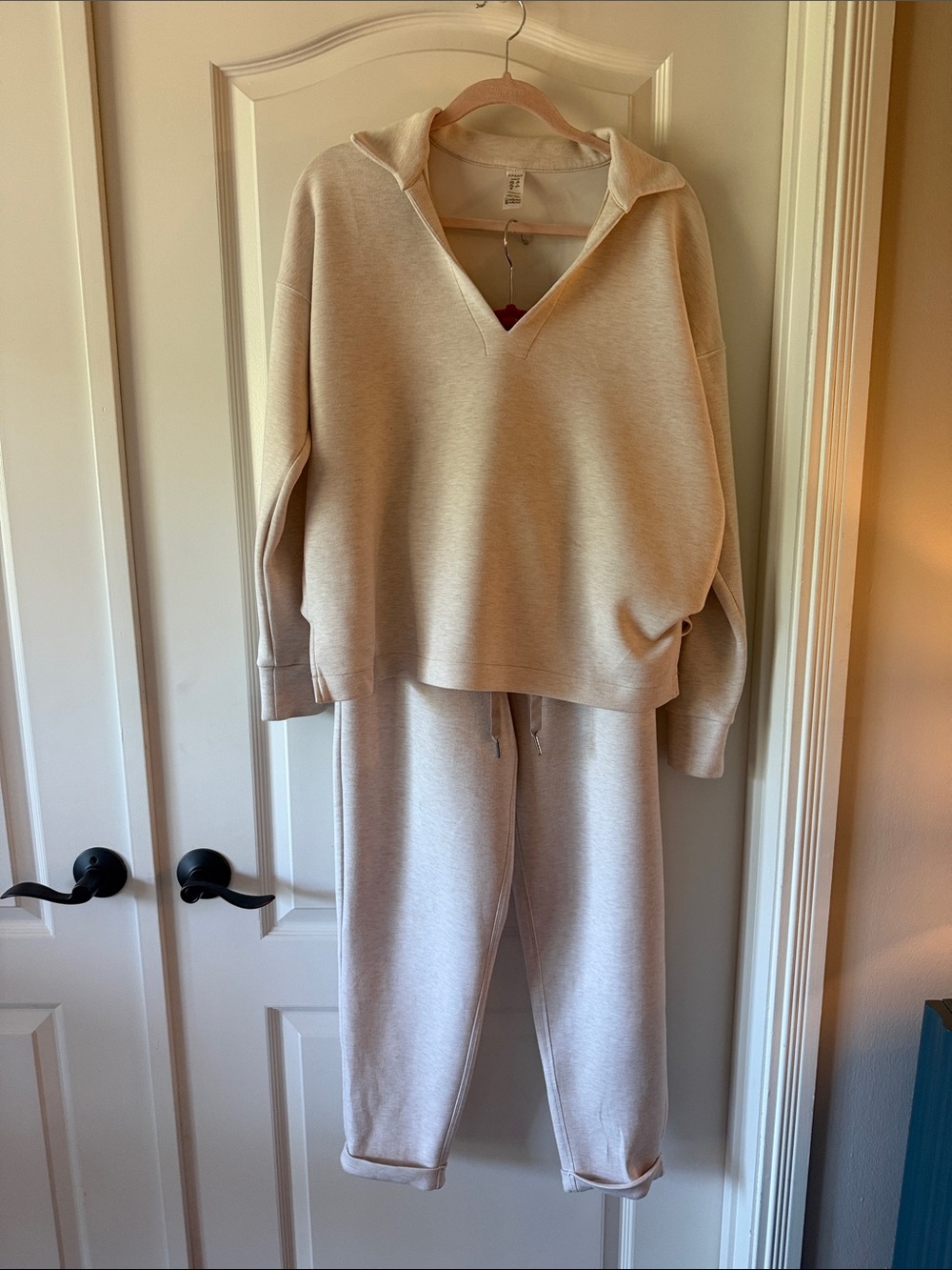 SPANX Air Essentials Set: Cream V-Neck Pullover Sweater and Pants